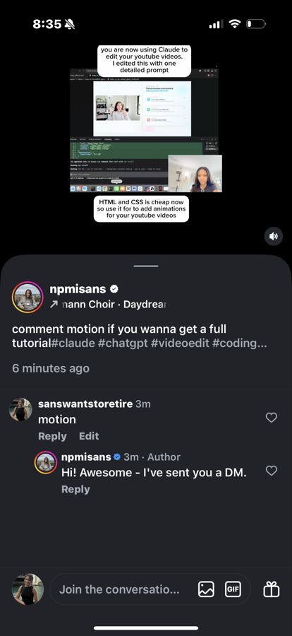 An Instagram reel where a viewer comments the keyword 'motion', and Lexaya replies publicly: 'Hi! Awesome - I've sent you a DM.'