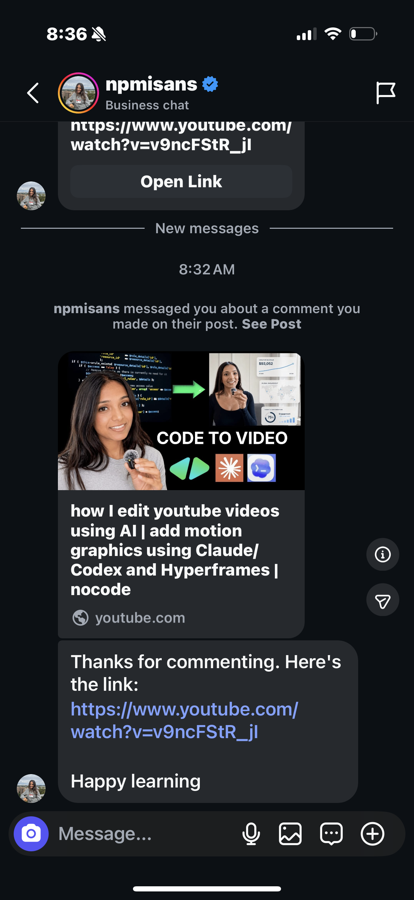 The resulting Instagram DM, sent automatically, containing a thank-you message and the YouTube link.